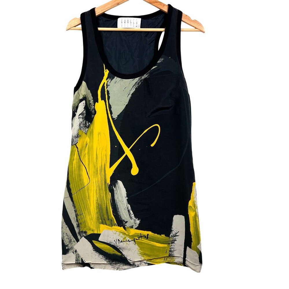 Jodi Arnold Womens Black Yellow Abstract Painting Tank Mini Dress Size 4 Silk